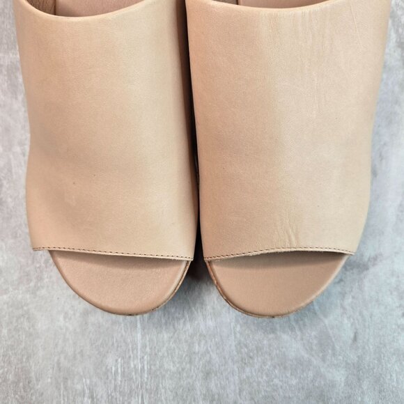 Sorel Platform Sandals Size 10.5 Tan Leather Open Toe Chunky Cork Wedge Slides - Picture 9 of 10